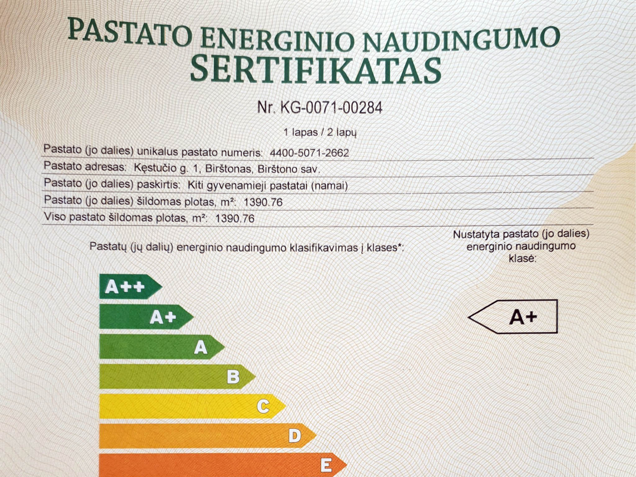 A+ klasės sertifikatas